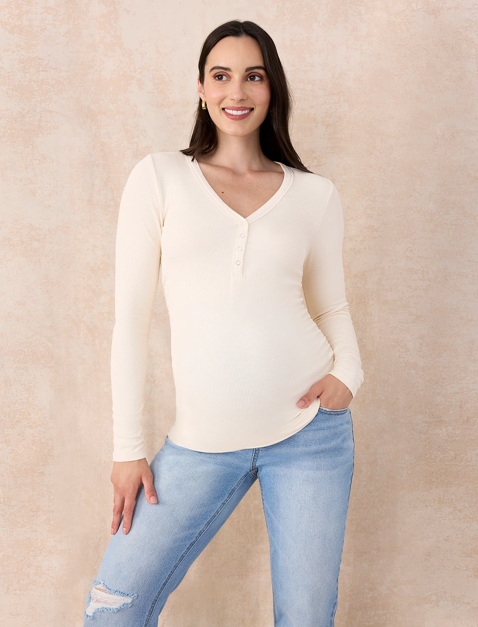 Side Ruched Long Sleeve Henley Maternity Rib Tee - Fallshirt
