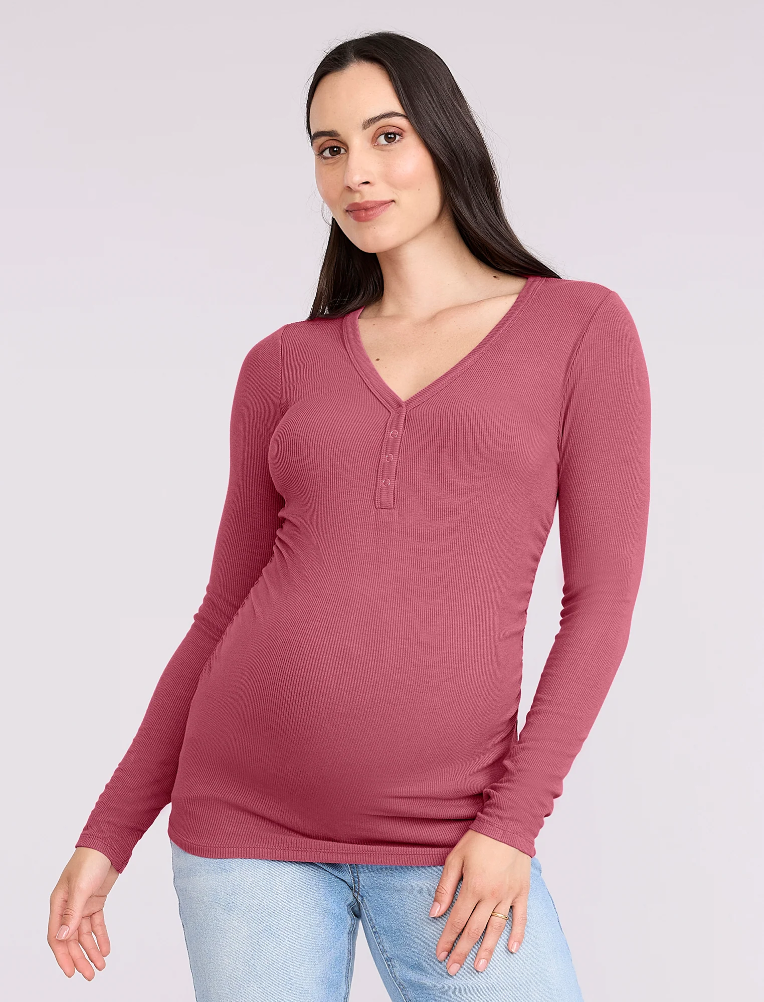 Side Ruched Long Sleeve Henley Maternity Rib Tee - Fallshirt