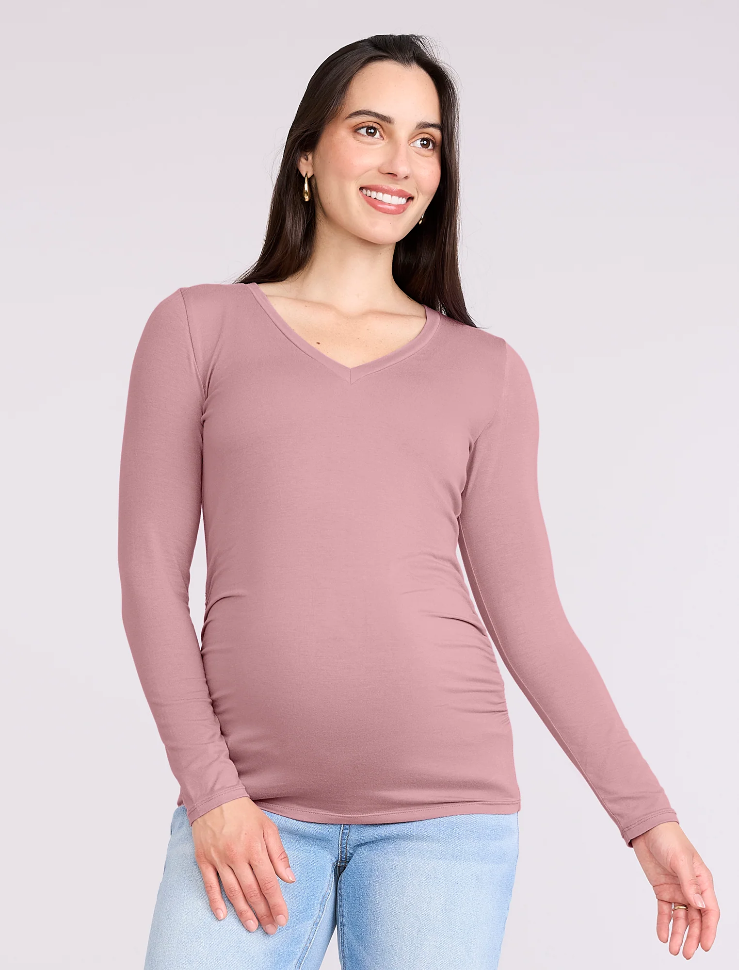 Side Ruched Long Sleeve V-Neck Maternity Tee - Fallshirt