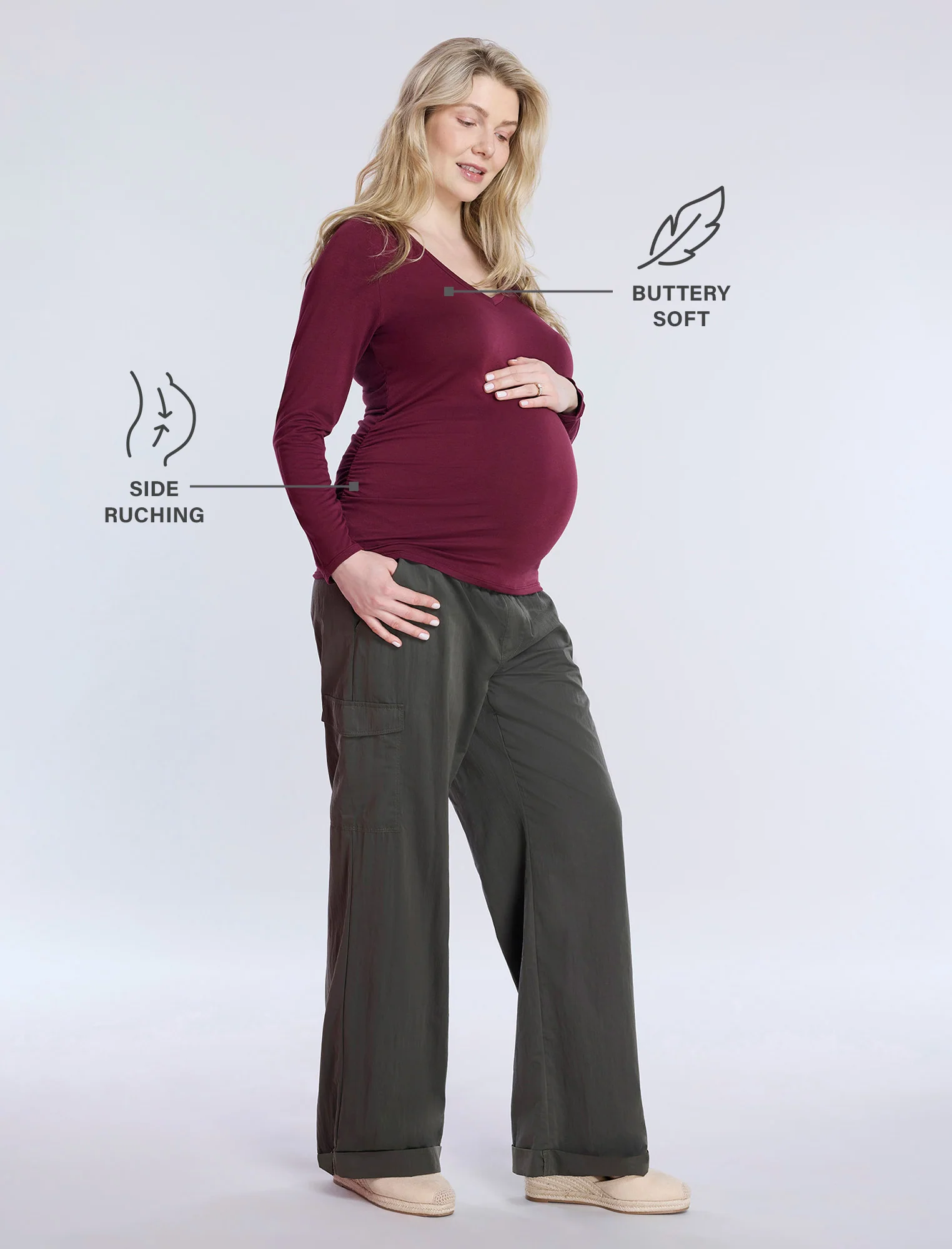 Side Ruched Long Sleeve V-Neck Maternity Tee - Fallshirt
