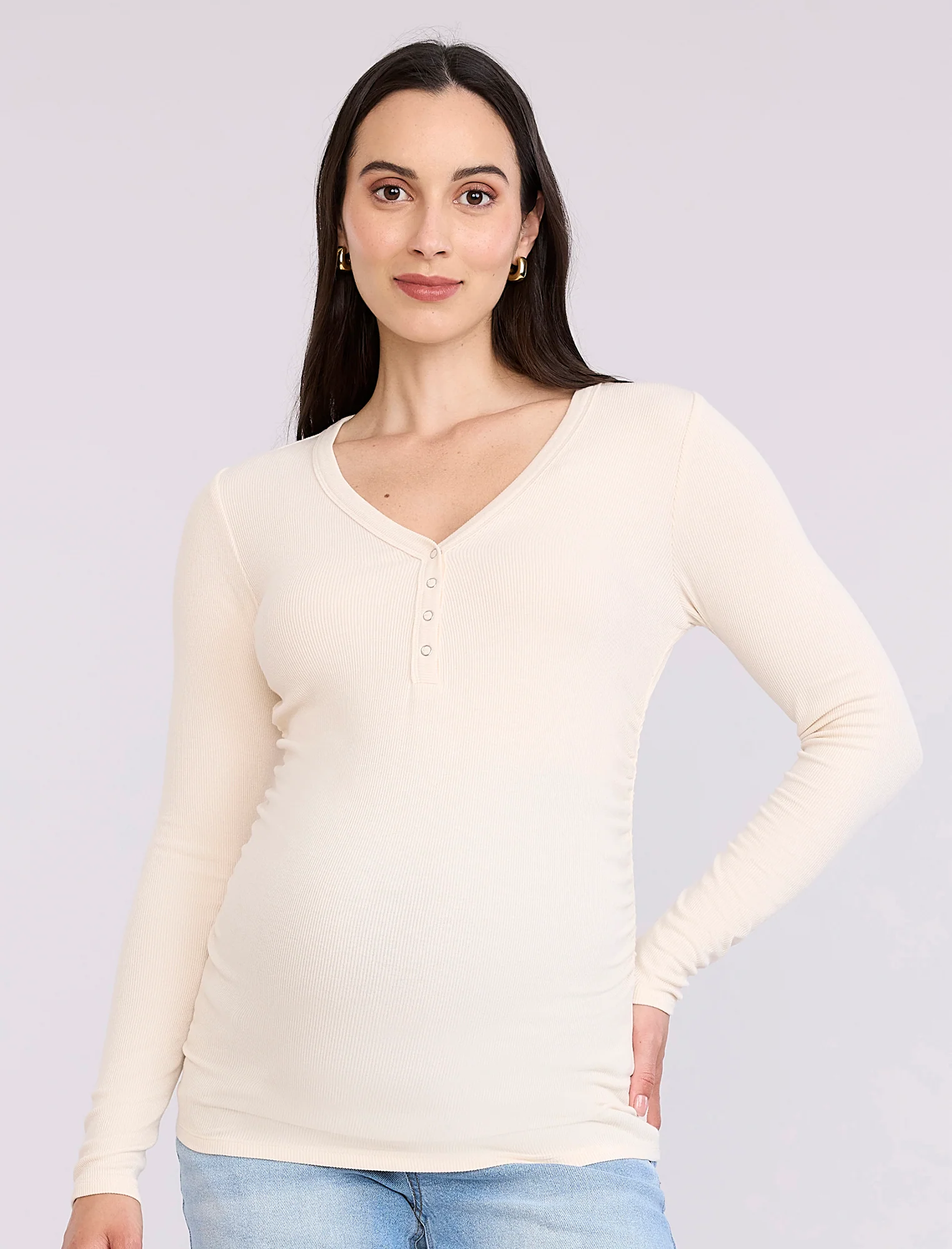 Side Ruched Long Sleeve Henley Maternity Rib Tee - Fallshirt