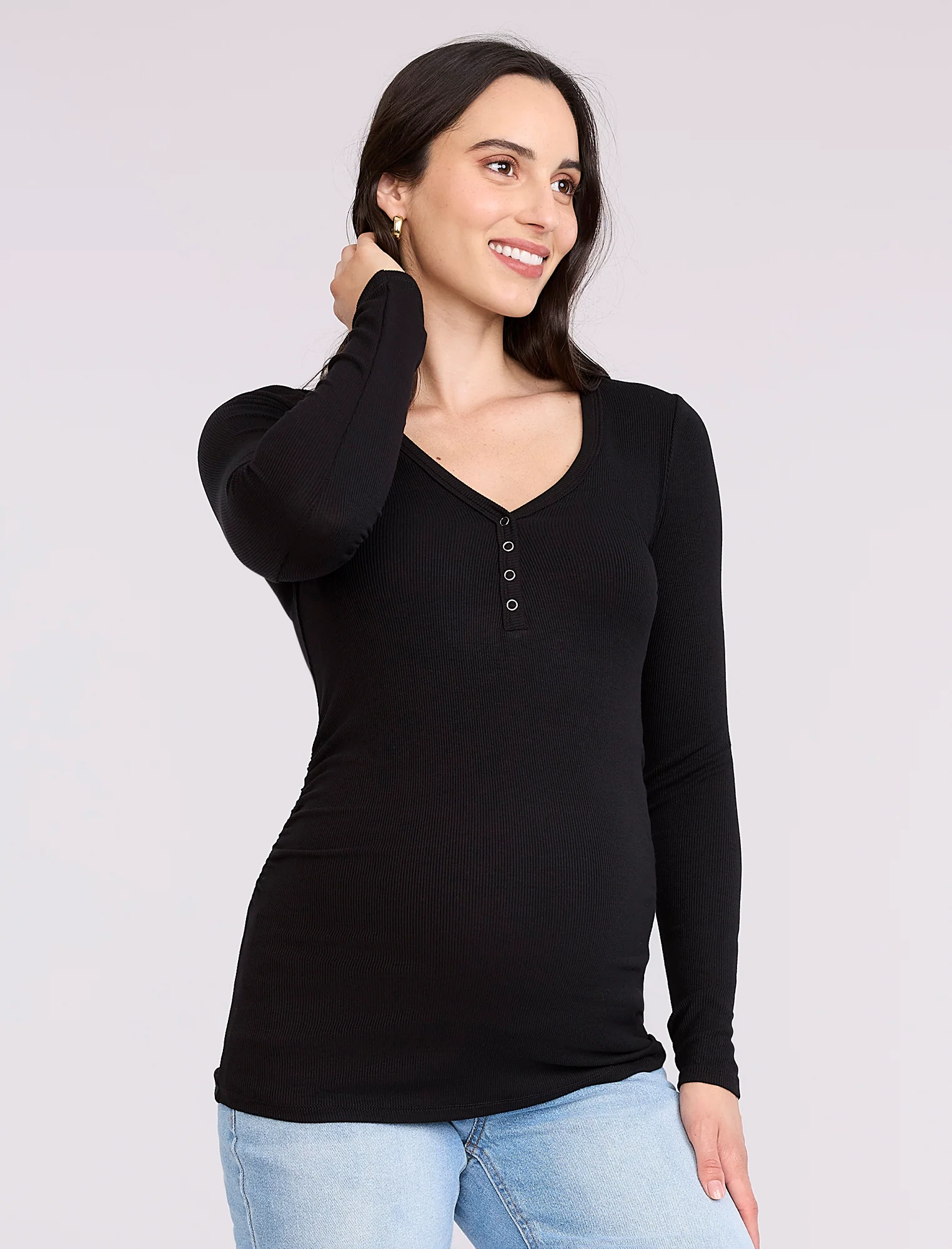 Side Ruched Long Sleeve Henley Maternity Rib Tee - Fallshirt