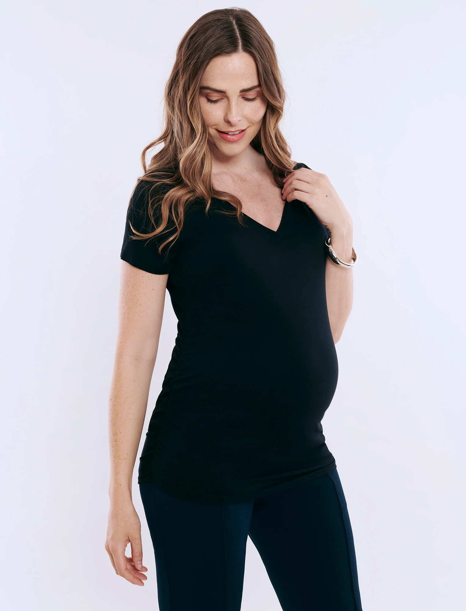Side Ruched Short Sleeve V-Neck  Maternity Tee - Fallshirt